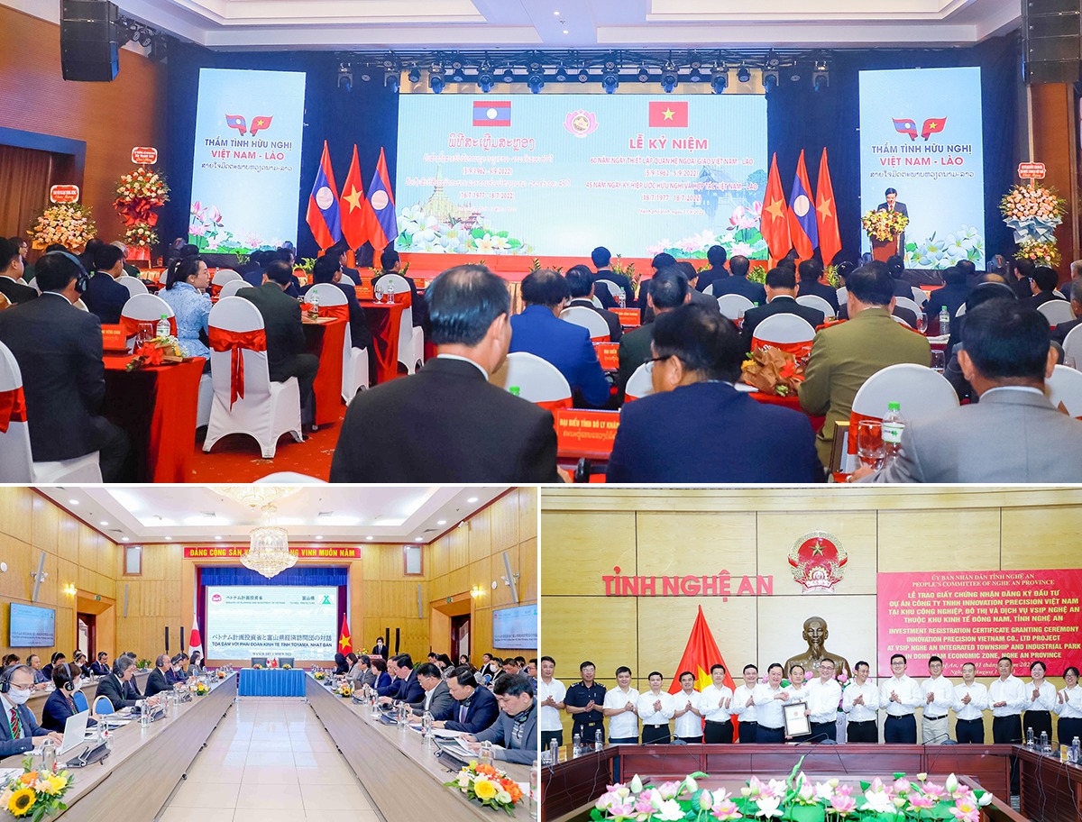 Lễ kỷ niệm 60 năm Ngày thiết lập quan hệ ngoại giao, 45 năm Ngày ký Hiệp ước Hữu nghị và Hợp tác Việt Nam - Lào; Chủ tịch UBND tỉnh Nghệ An tham dự Tọa đàm với Phái đoàn kinh tế tỉnh Toyama (Nhật Bản); Chủ tịch UBND tỉnh Nguyễn Đức Trung trao giấy chứng nhân đăng ký đầu tư cho Tập đoàn Shandong Innovation Metal Technology. Ảnh: Thành Duy - Quỳnh Trang - Phạm Bằng