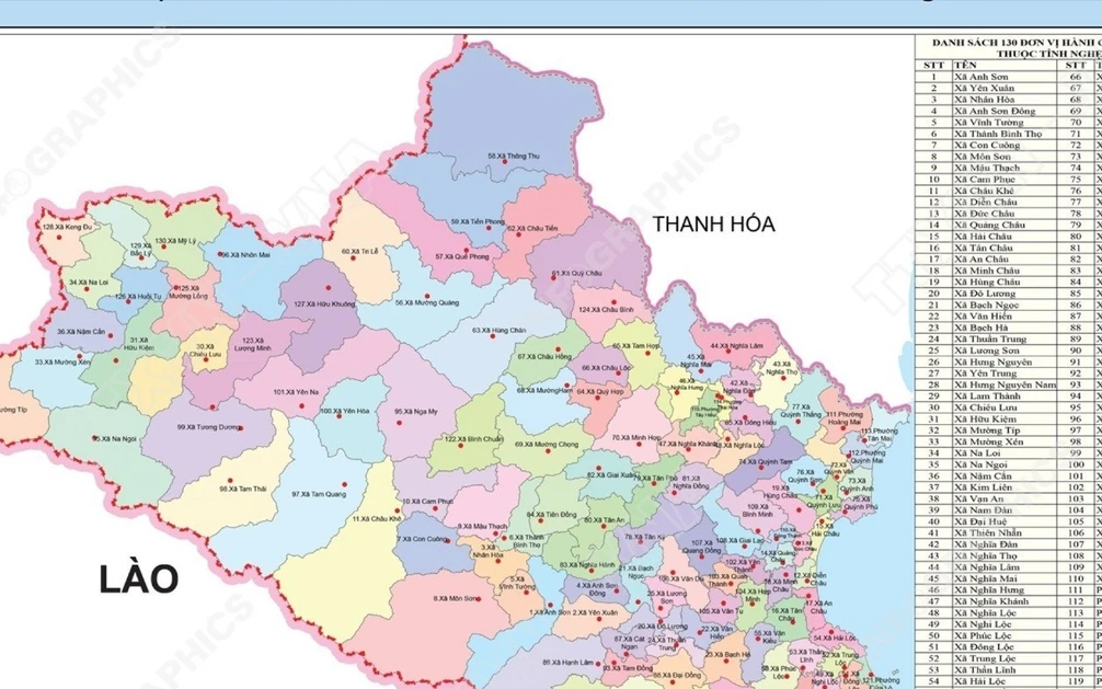 130 đơn vị hành chính cấp xã của tỉnh Nghệ An năm 2025