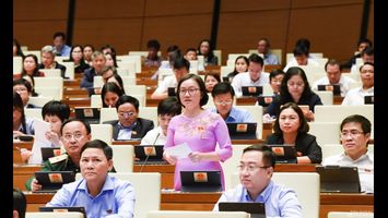 Đại biểu Thái Thị An Chung - Ủy viên Ban Chấp hành Đảng bộ tỉnh, Phó Trưởng đoàn chuyên trách Đoàn ĐBQH tỉnh Nghệ An phát biểu thảo luận về dự án Luật Thực hiện dân chủ cơ sở.