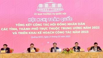Chủ tịch Quốc hội Vương Đình Huệ và Thường trực Ban Bí thư Võ Văn Thưởng dự Hội nghị toàn quốc tổng kết công tác Hội đồng Nhân dân