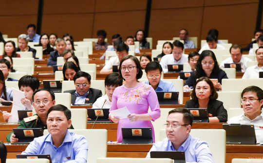 Đại biểu Thái Thị An Chung - Ủy viên Ban Chấp hành Đảng bộ tỉnh, Phó Trưởng đoàn chuyên trách Đoàn ĐBQH tỉnh Nghệ An phát biểu thảo luận về dự án Luật Thực hiện dân chủ cơ sở.
