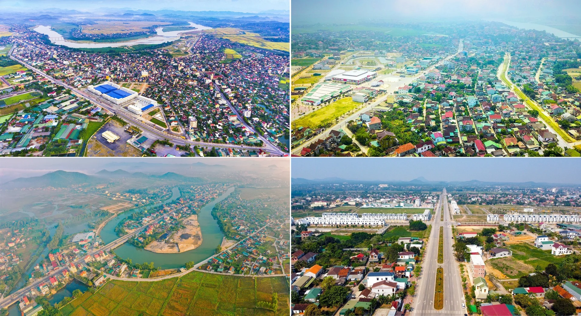 Toàn cảnh thị trấn Nam Đàn, thị trấn Đô Lương, thị xã Hoàng Mai và thị xã Thái Hòa. Ảnh: Quang Dũng - Sách Nguyễn - Hồ Long - Thành Cường